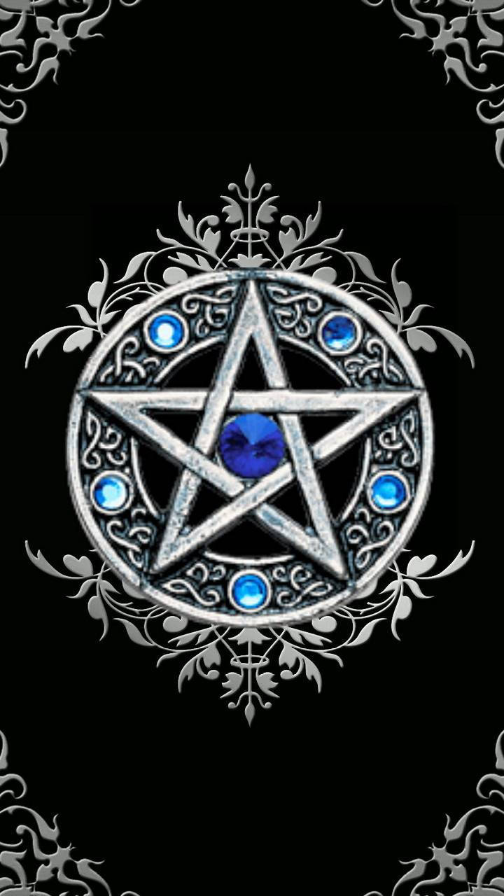 Wiccan Pentacle With Blue Emerald Background