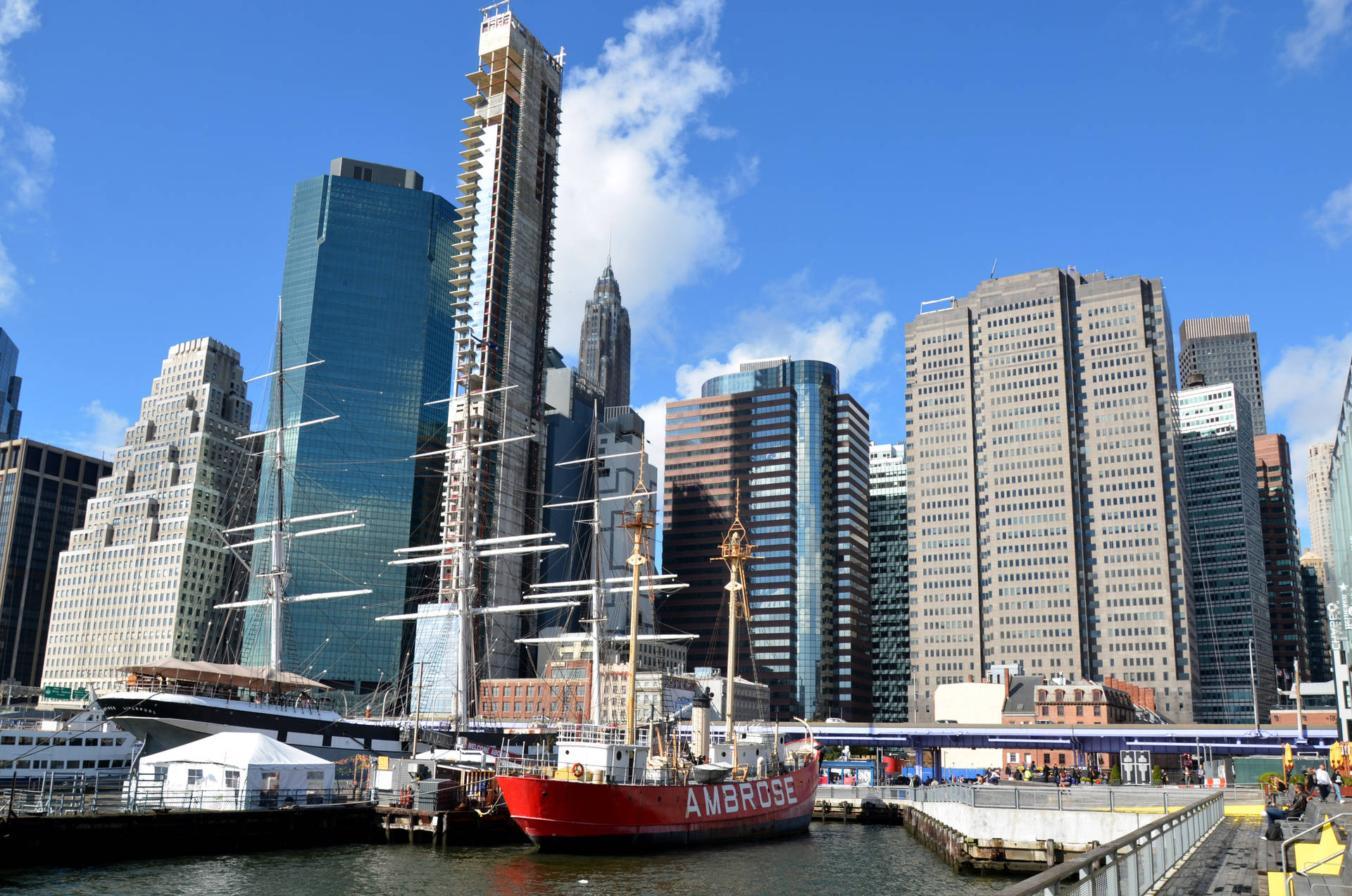 Wide-angle Shot South Street Seaport Background