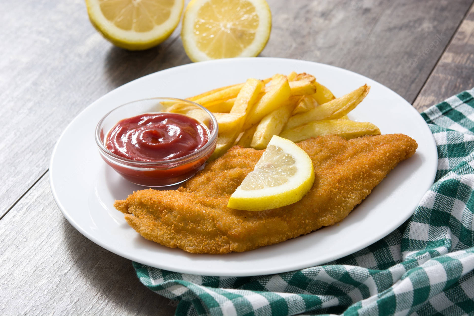 Wiener Schnitzel With Ketchup And Fries Background