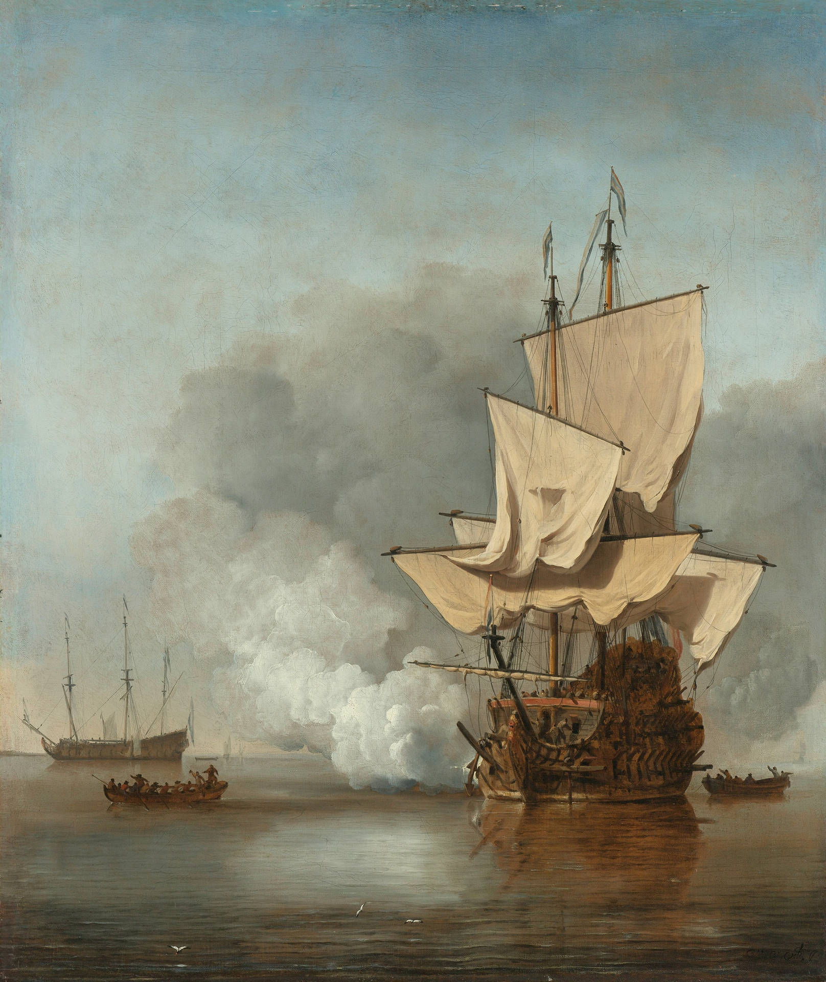 Willem Van De Velde The Gun Salute Painting Background