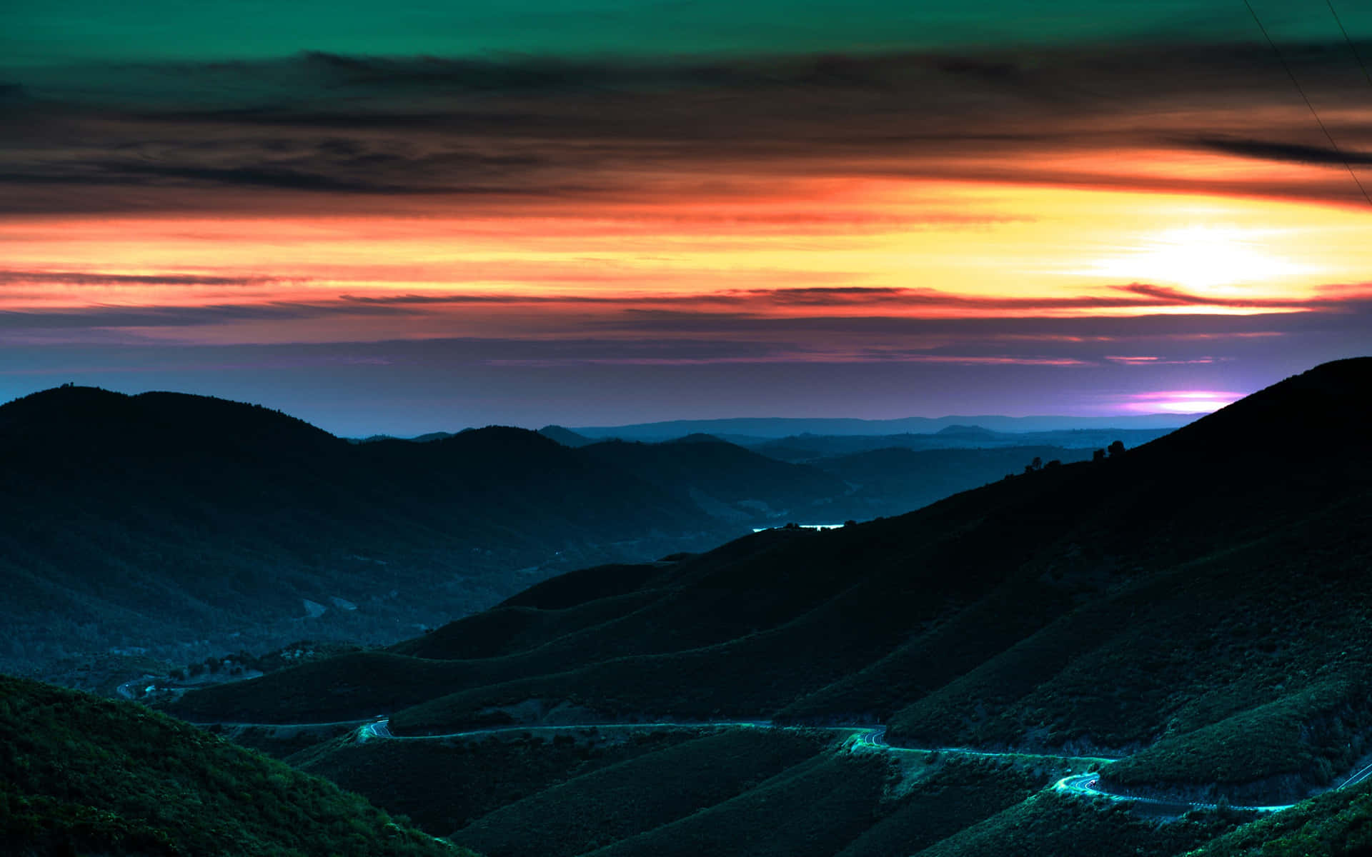 Winding Road Mountains Sunset Hills Background