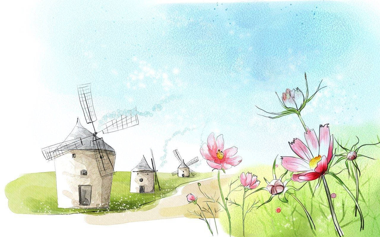 Windmills And Flowers Art Drawing