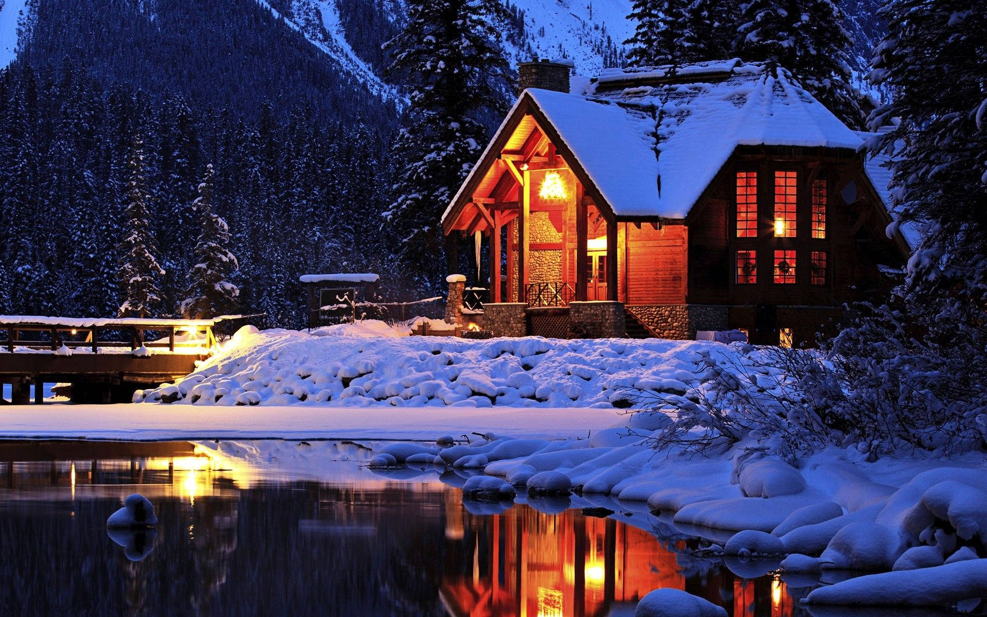 Windows Winter Cozy Mountain Lodge Background