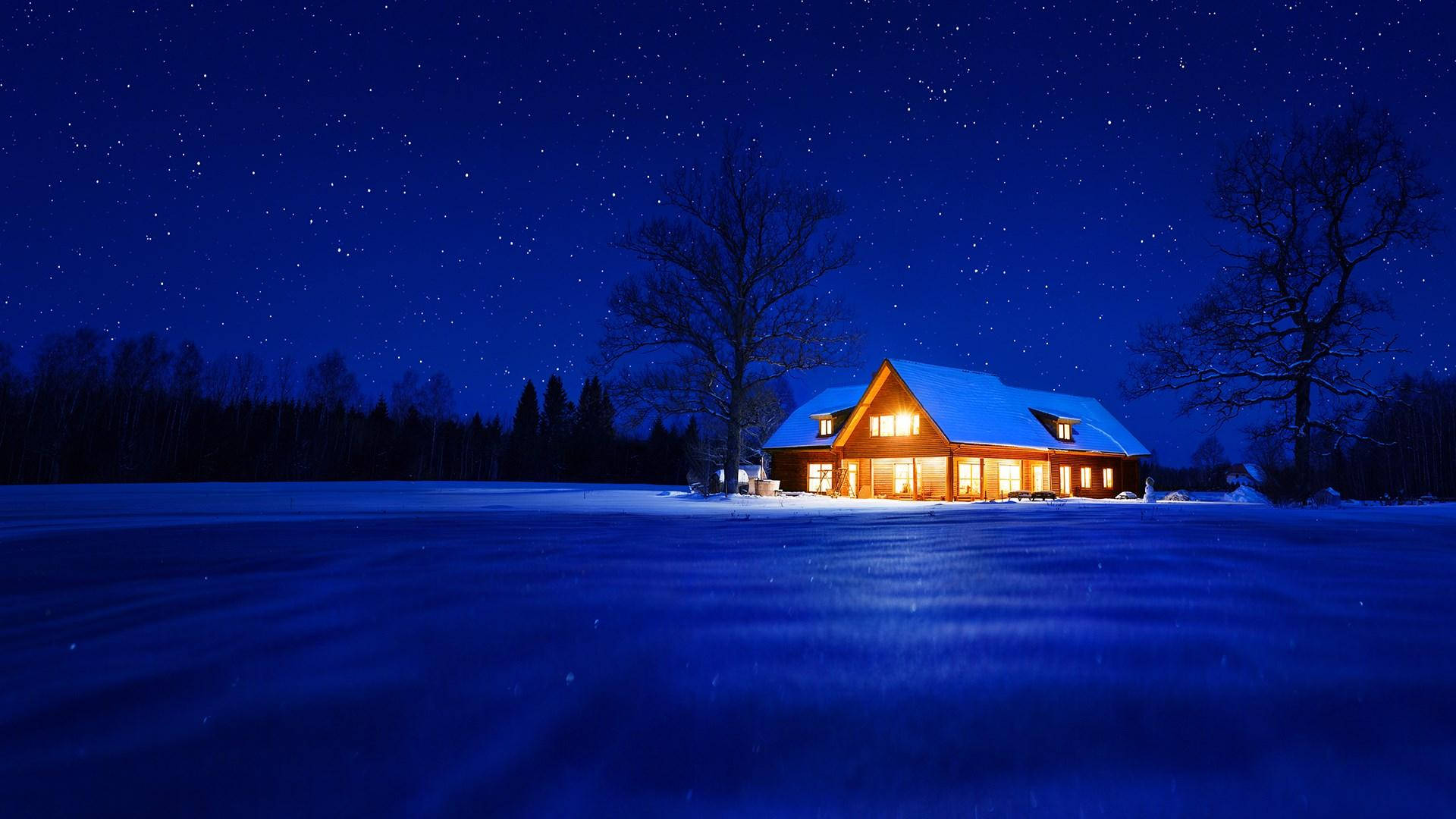 Windows Winter Lodge Starry Night Background