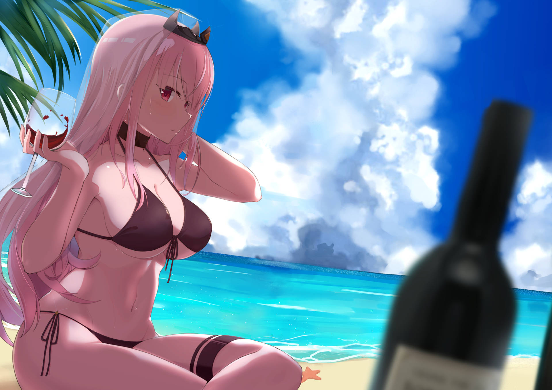 Wine And Anime Girl In Bikini Background