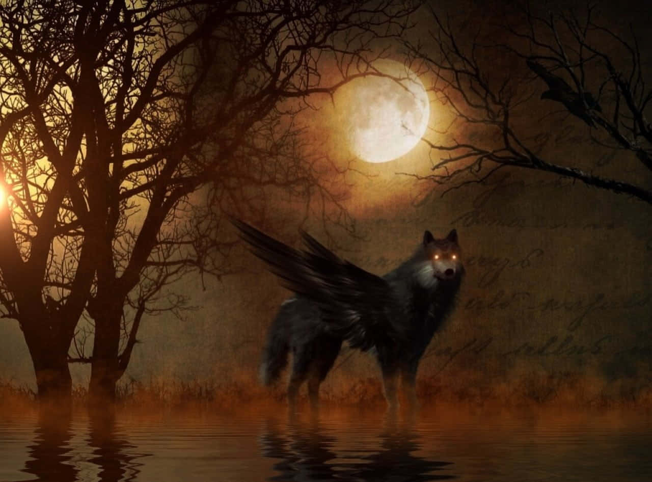 Winged Wolf Moon And Water Background