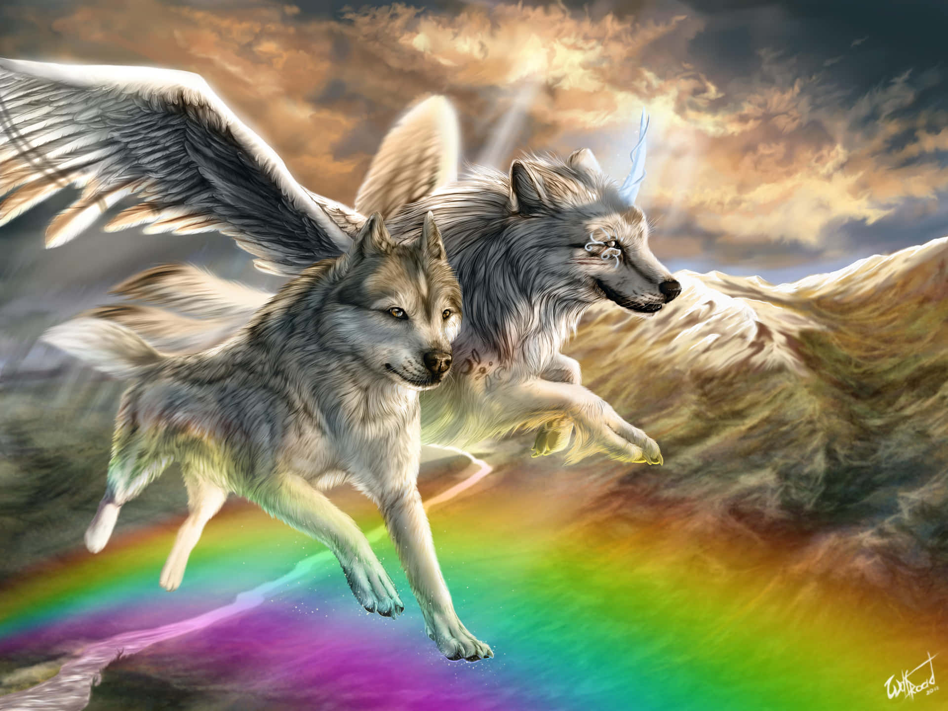 Winged Wolf Over The Rainbow Background