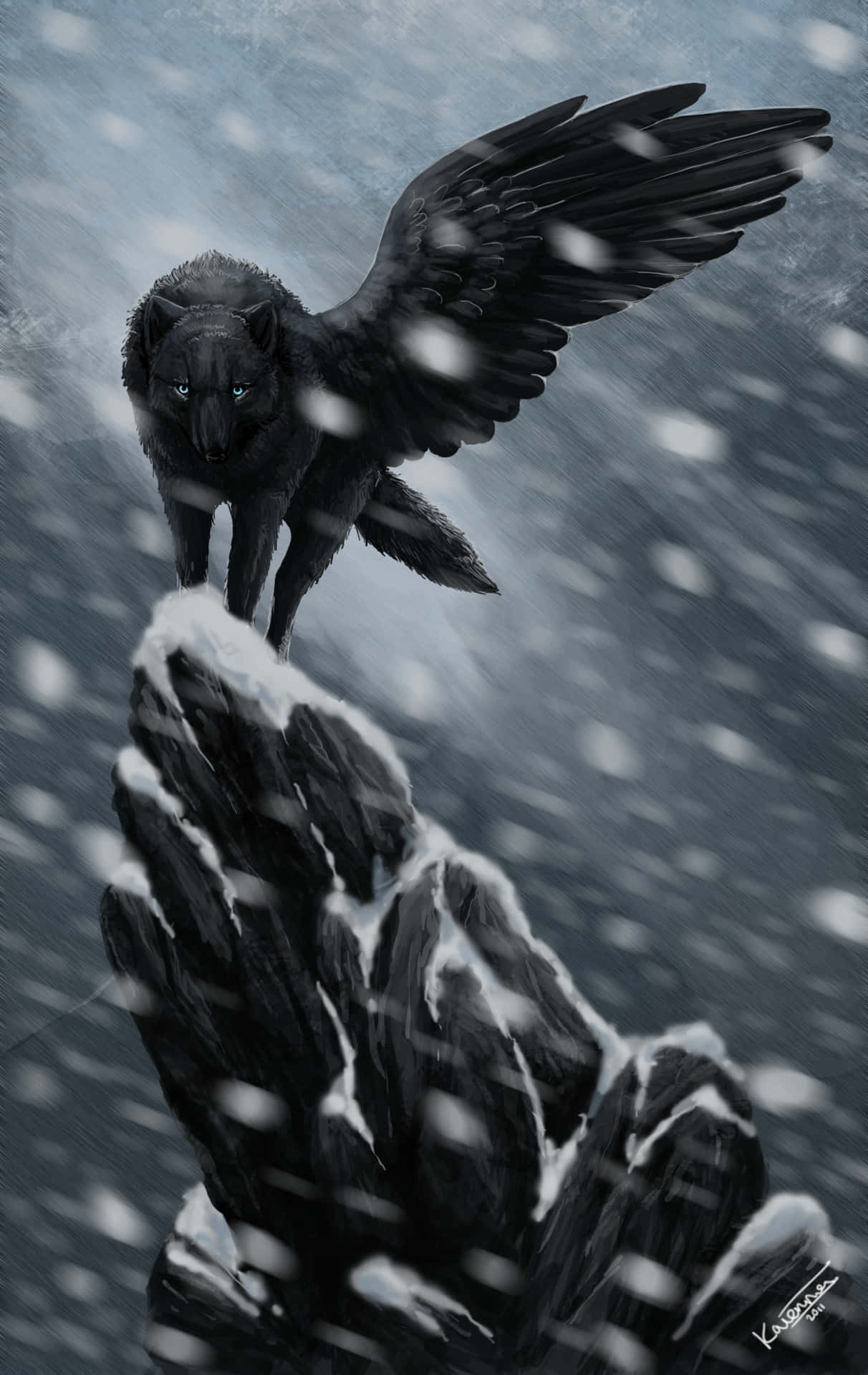 Winged Wolf Snow On Rock Background