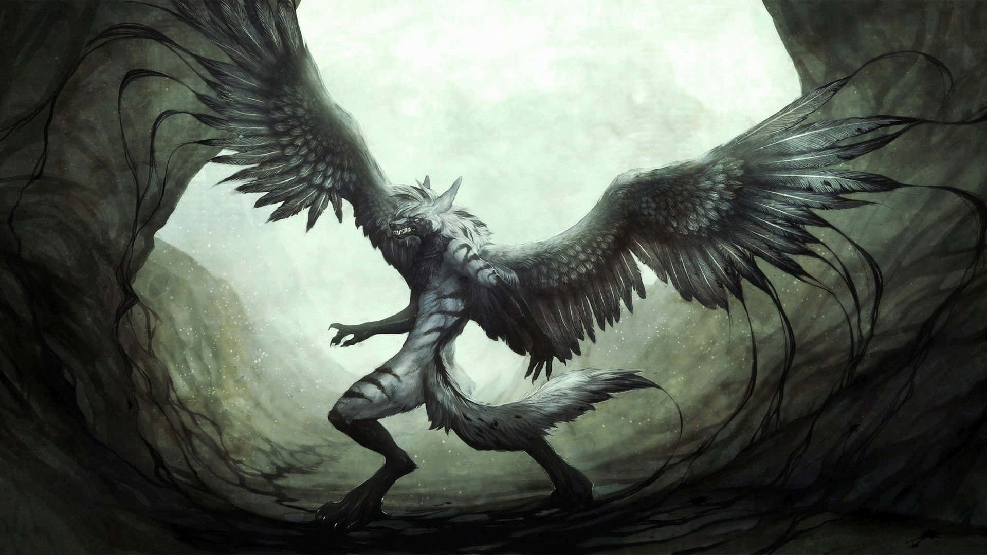 Winged Wolf Standing On Cave Background