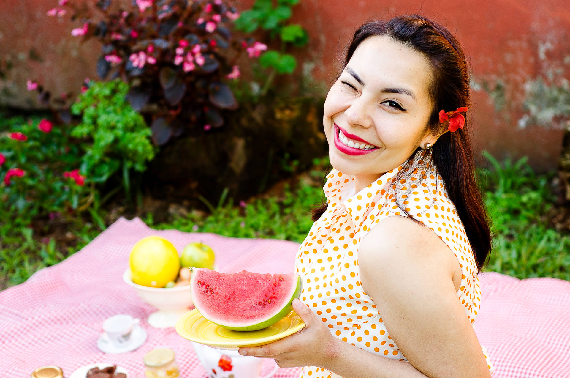 Winking Lady With Watermelon Background