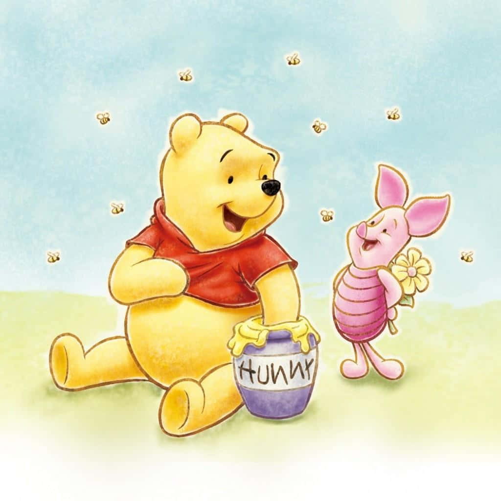 Winnie The Pooh Aesthetic With Piglet Holding Flowers Background