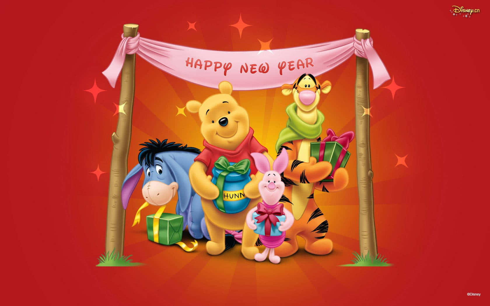 Winnie The Pooh And Friends Are Holding Gifts And A Banner Background