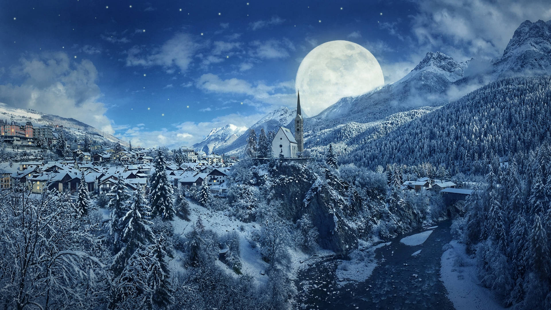 Winter Aesthetic With Large Moon Village Background