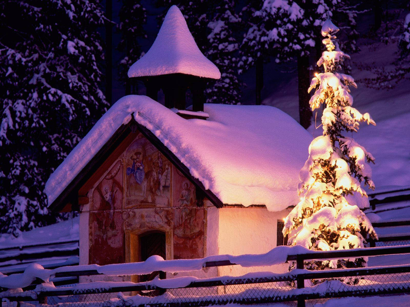 Winter Christmas Hut And Lights Background