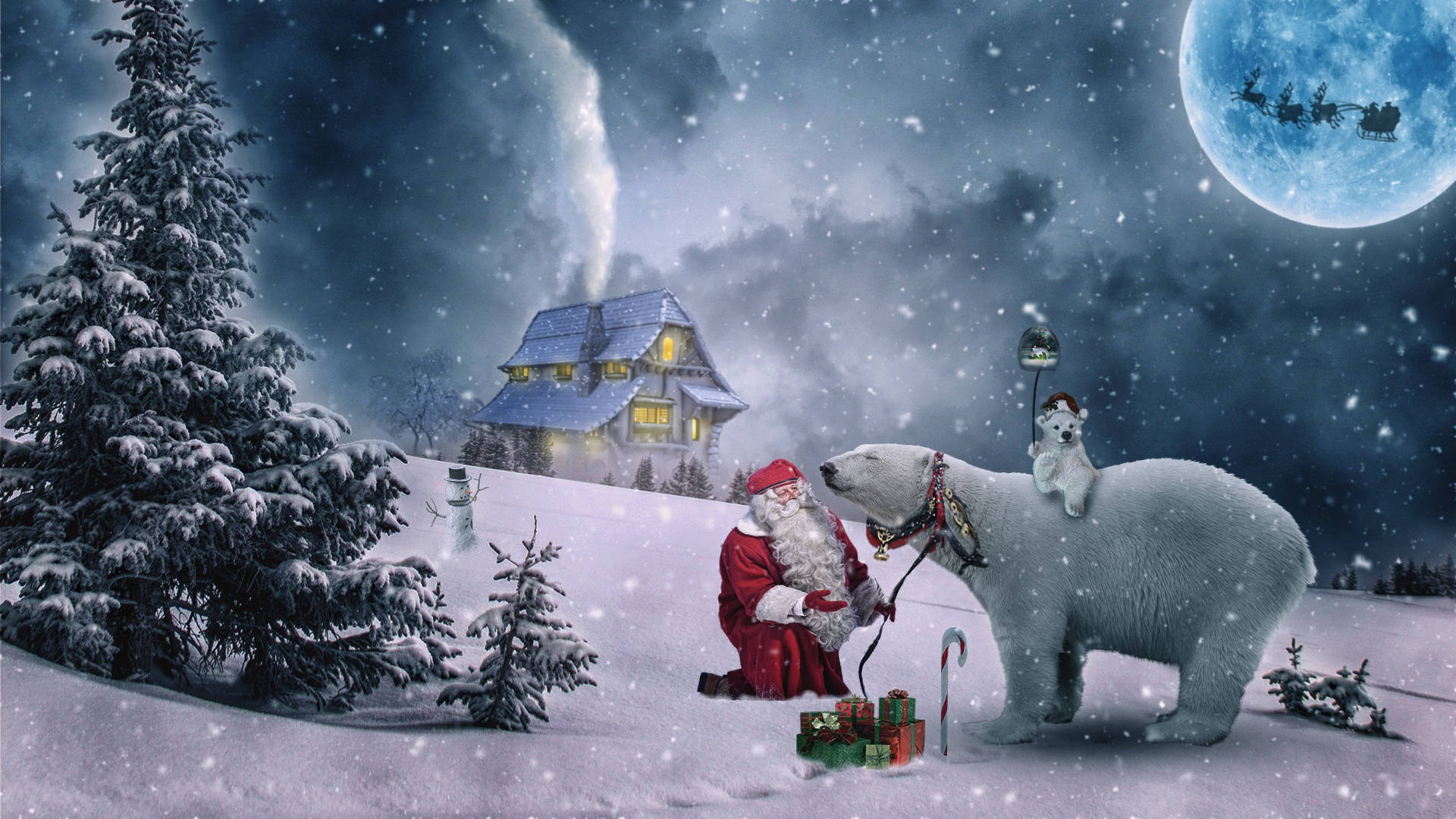 Winter Christmas Santa And Bears Background