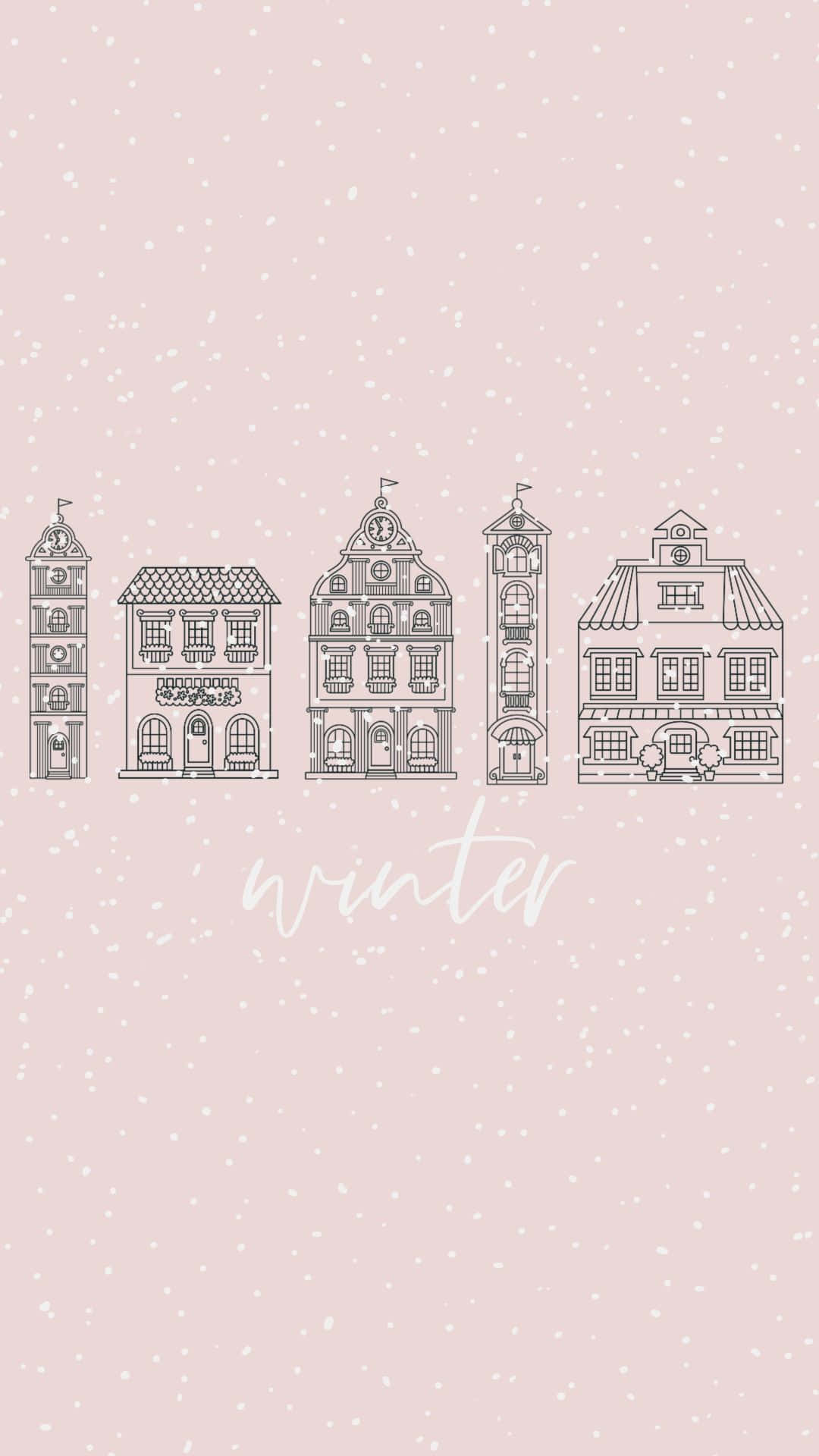 Winter City Buildings On A Pink Background Background