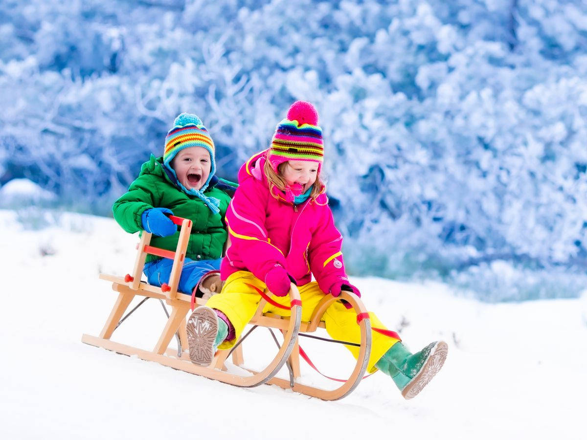 Winter Cute Kids Sledding Background