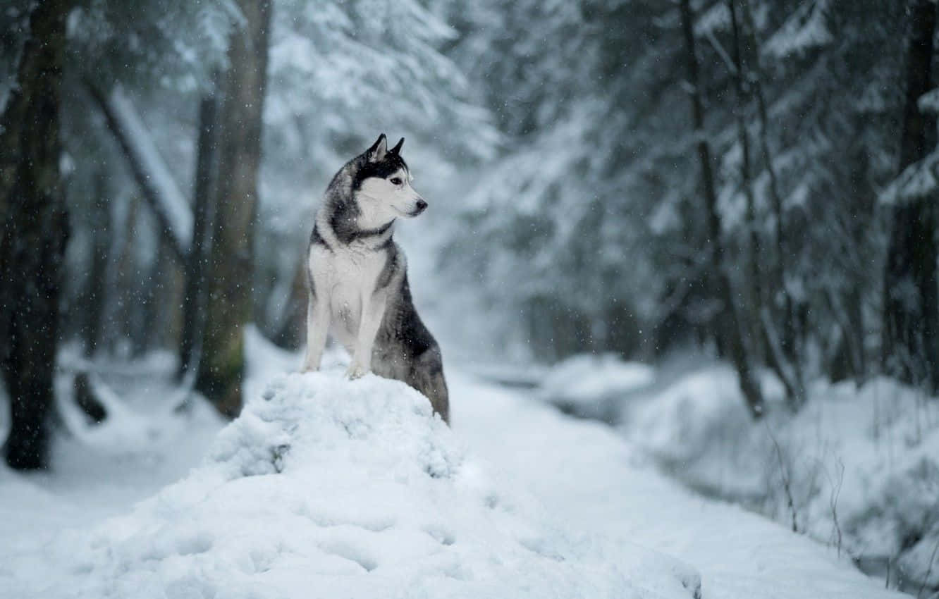 Winter Dog Perching On A Snow Rock Background