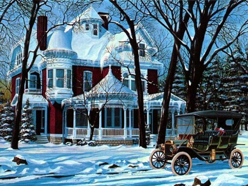 Winter Holiday Desktop Vintage House And Old Fashioned Car