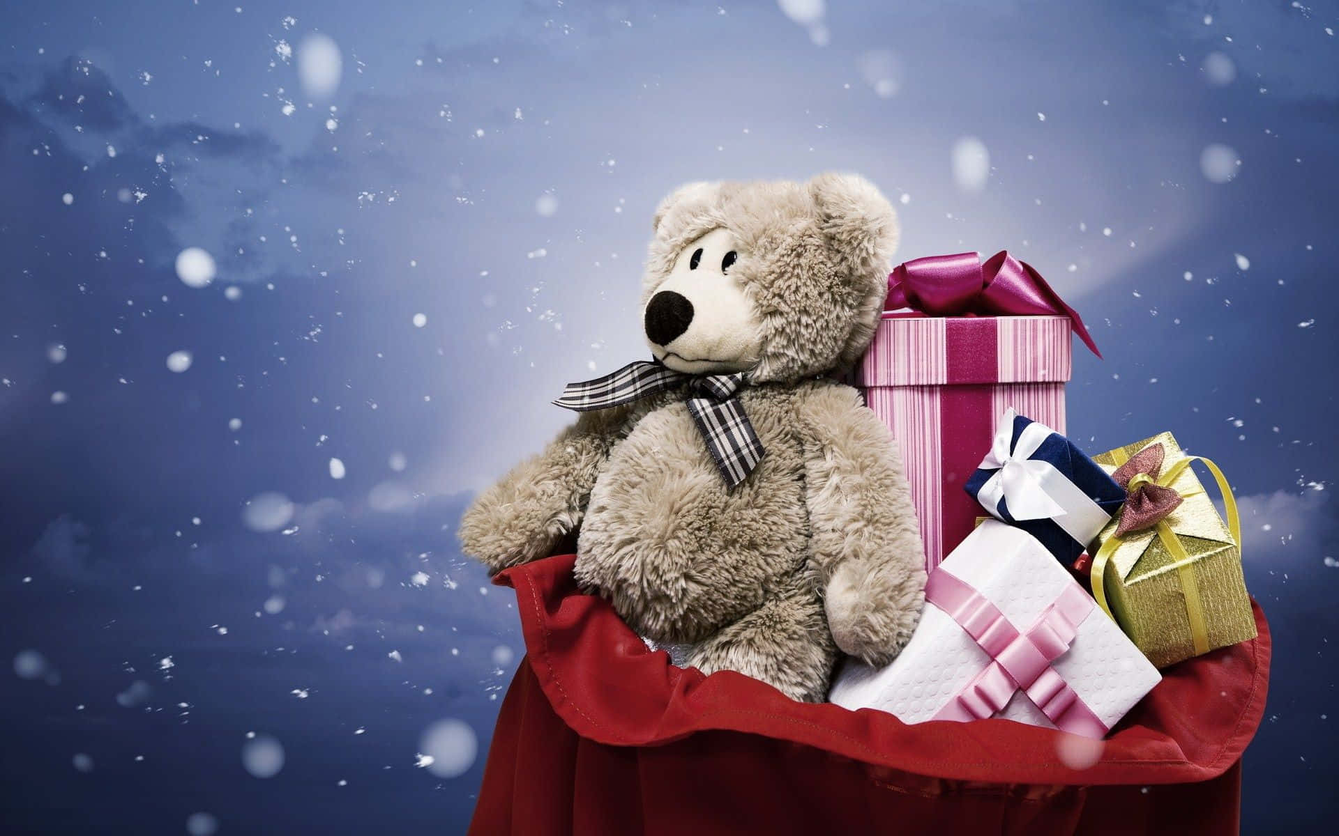 Winter Holiday Desktop With Gift Boxes And Teddy Bear Background
