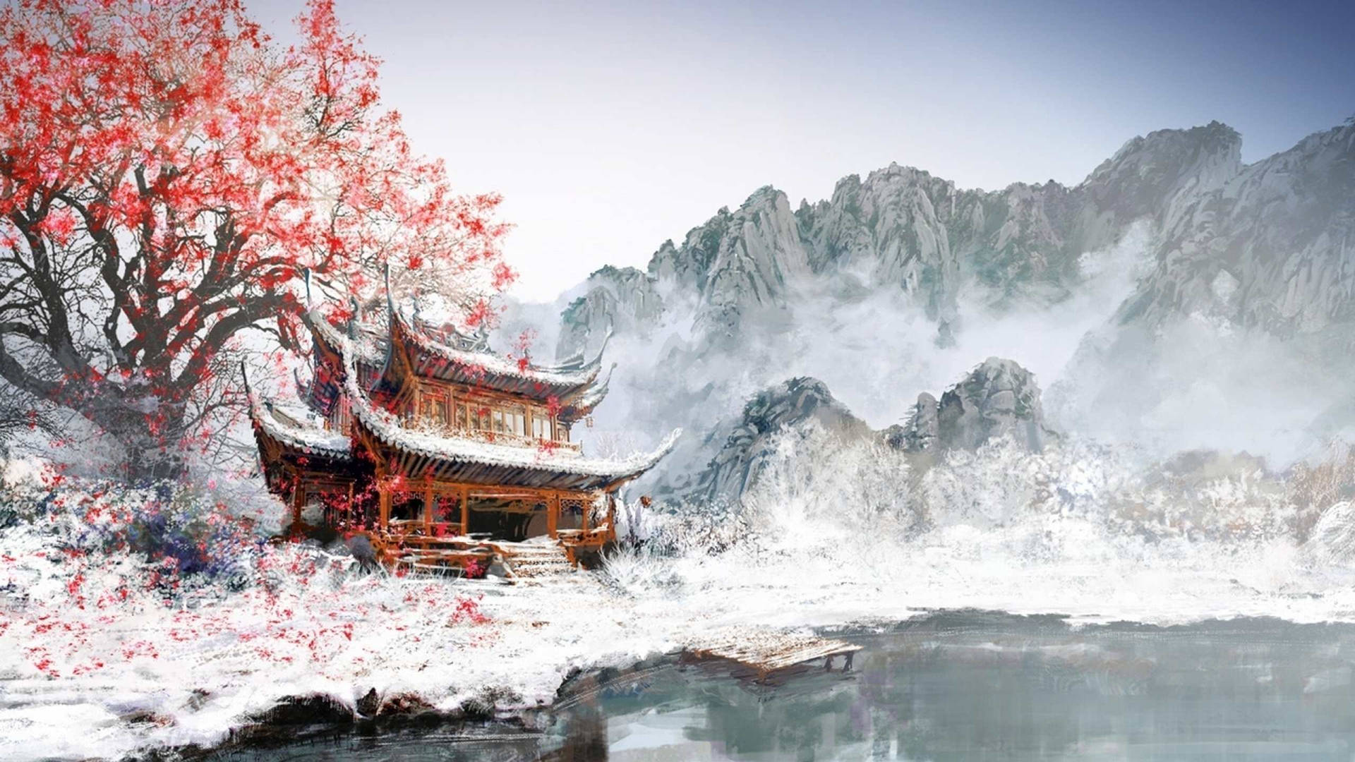 Winter Japanese Temple Background