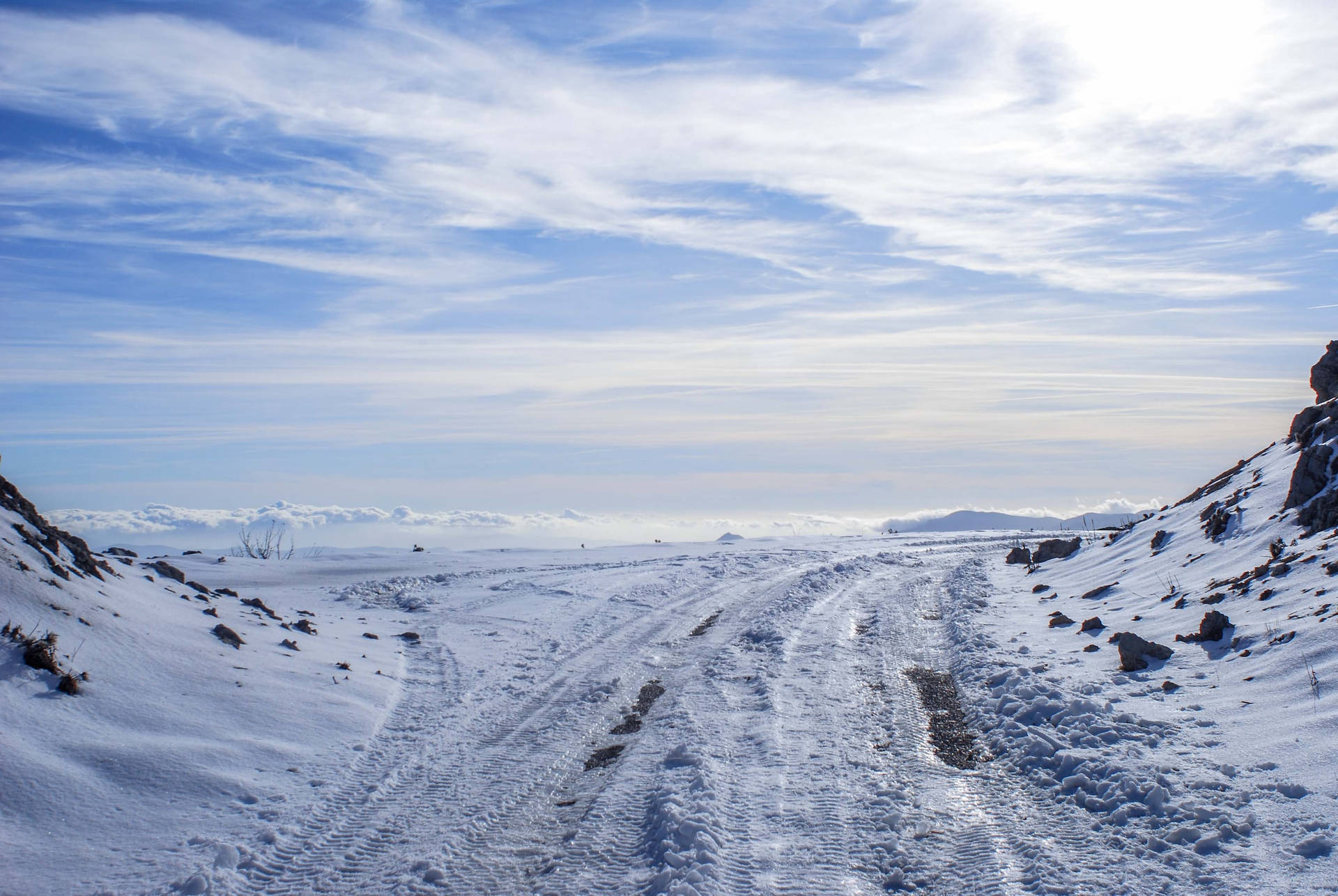 Winter Landscape Snowy Road Cloudy Sky