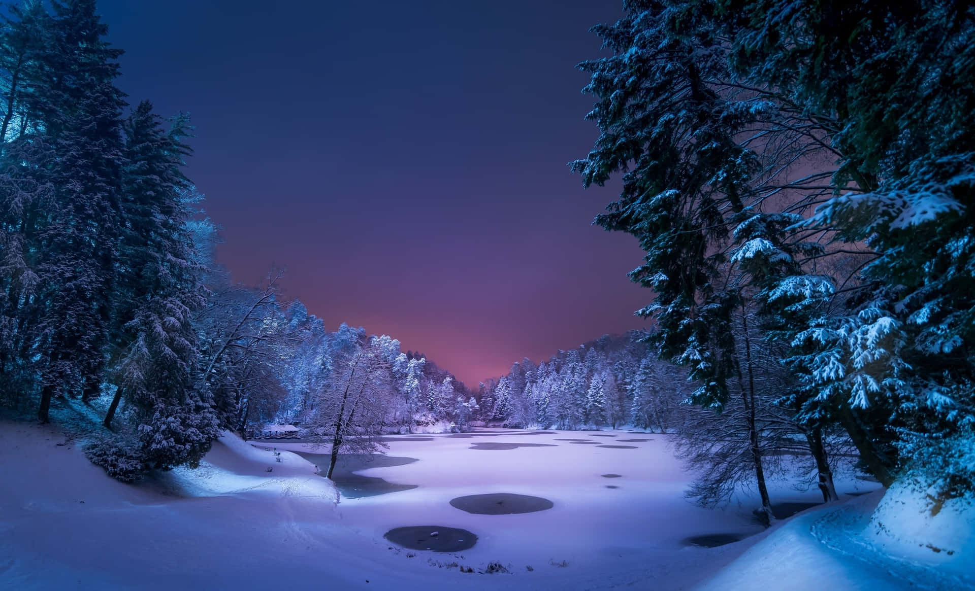 Winter Night Desktop With A Frozen Lake Background