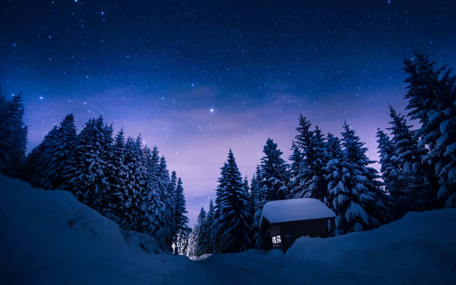 Winter Night Desktop With A Lonely Cabin Background