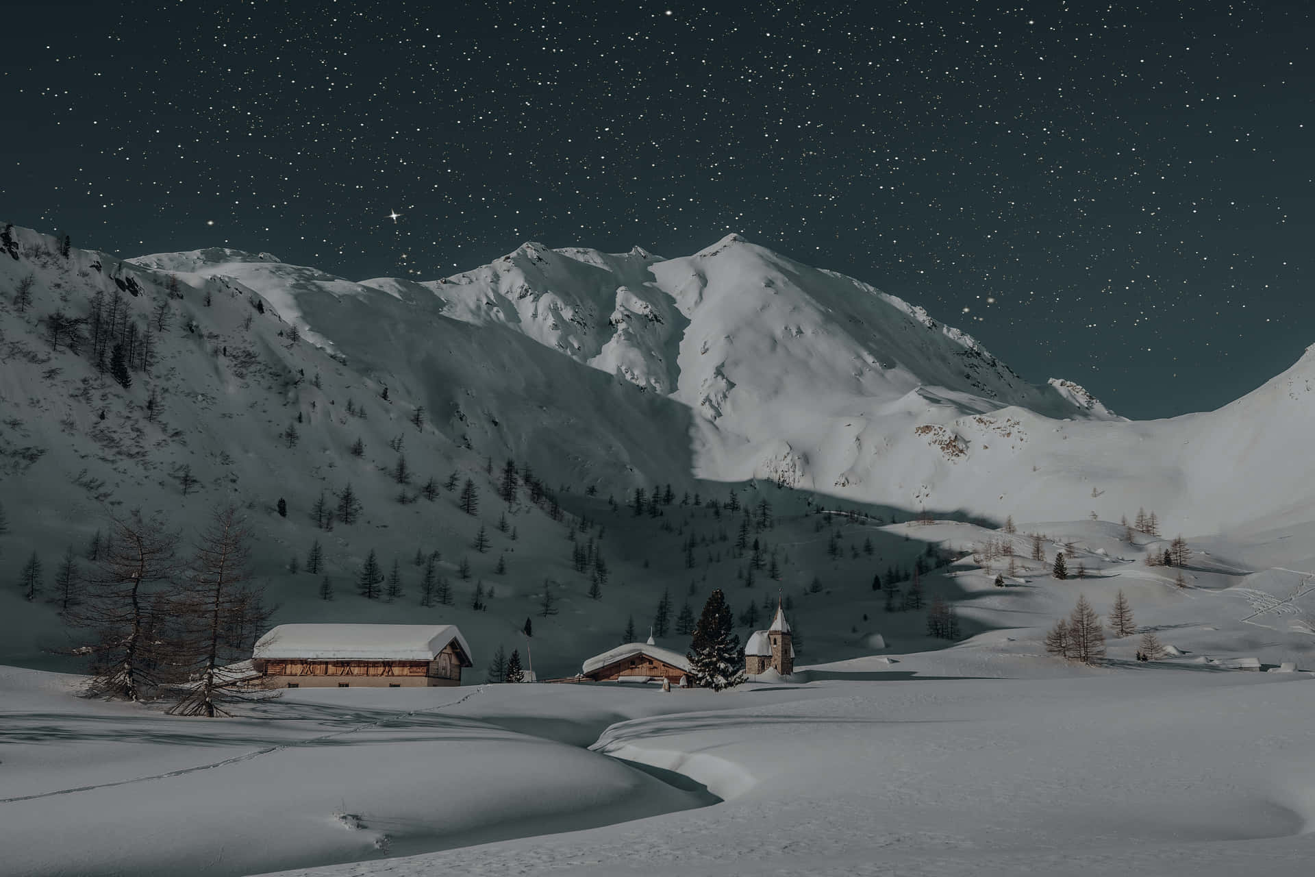 Winter Night Desktop With Cabins Background
