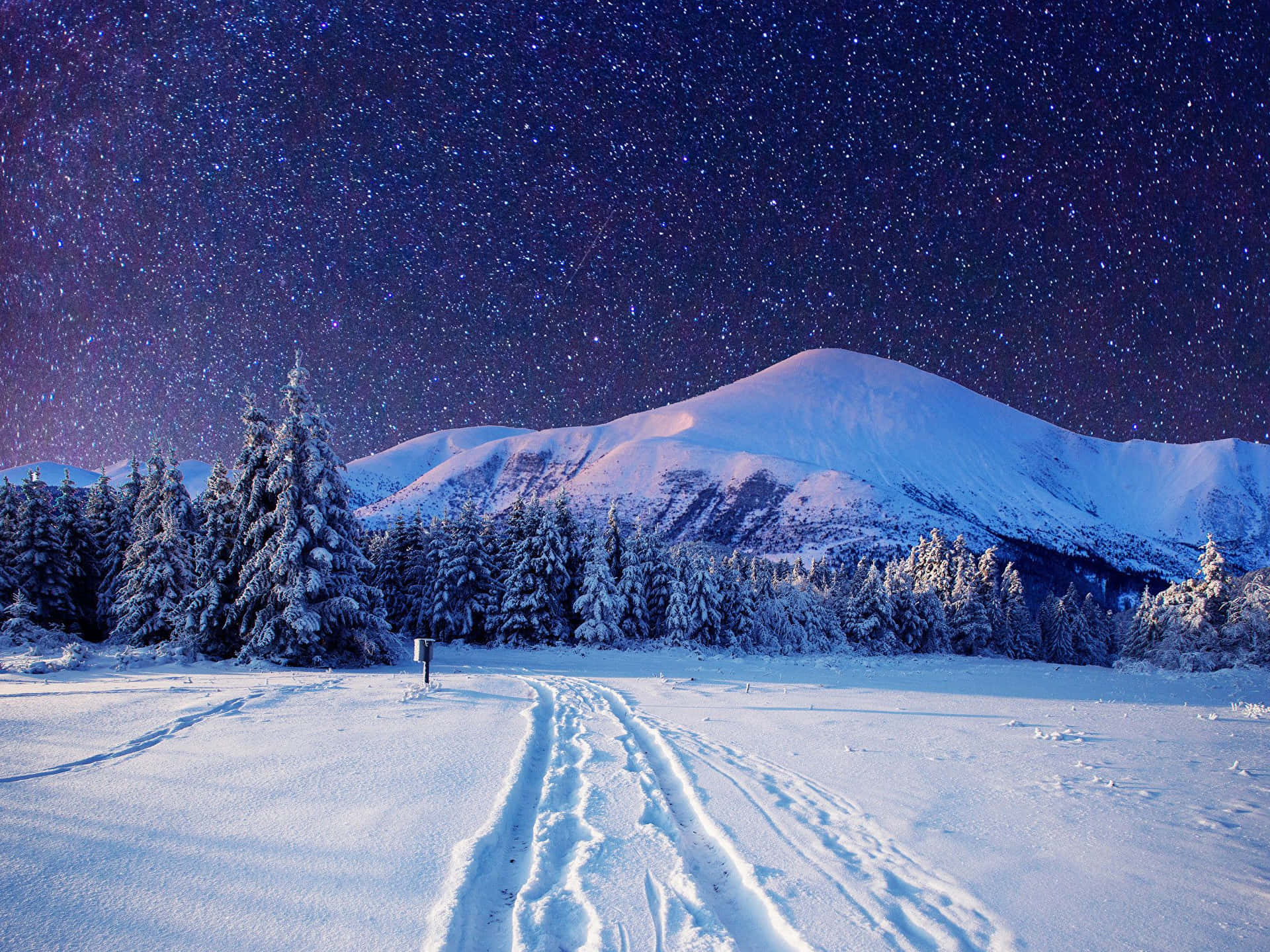 Winter Night Desktop With Snow Tracks Background