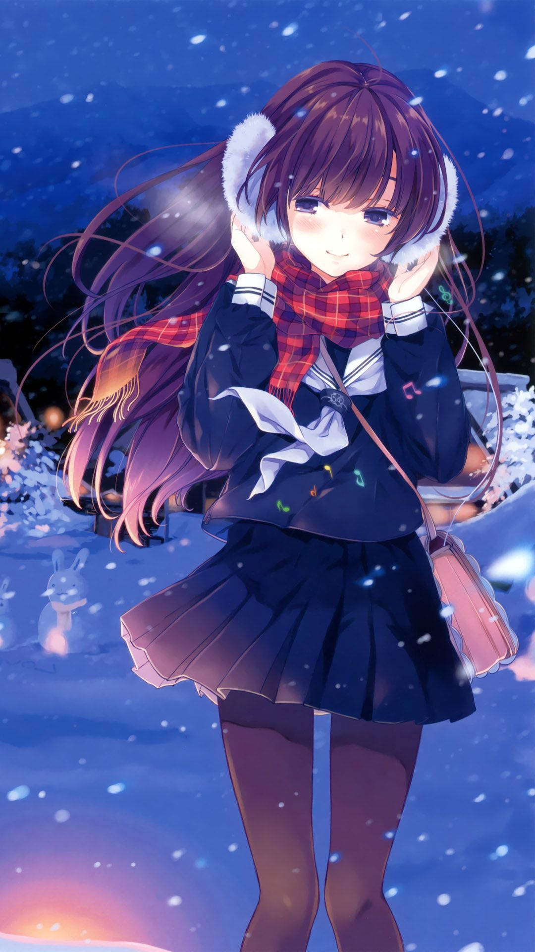 Winter Phone Anime Girl Earmuffs Background