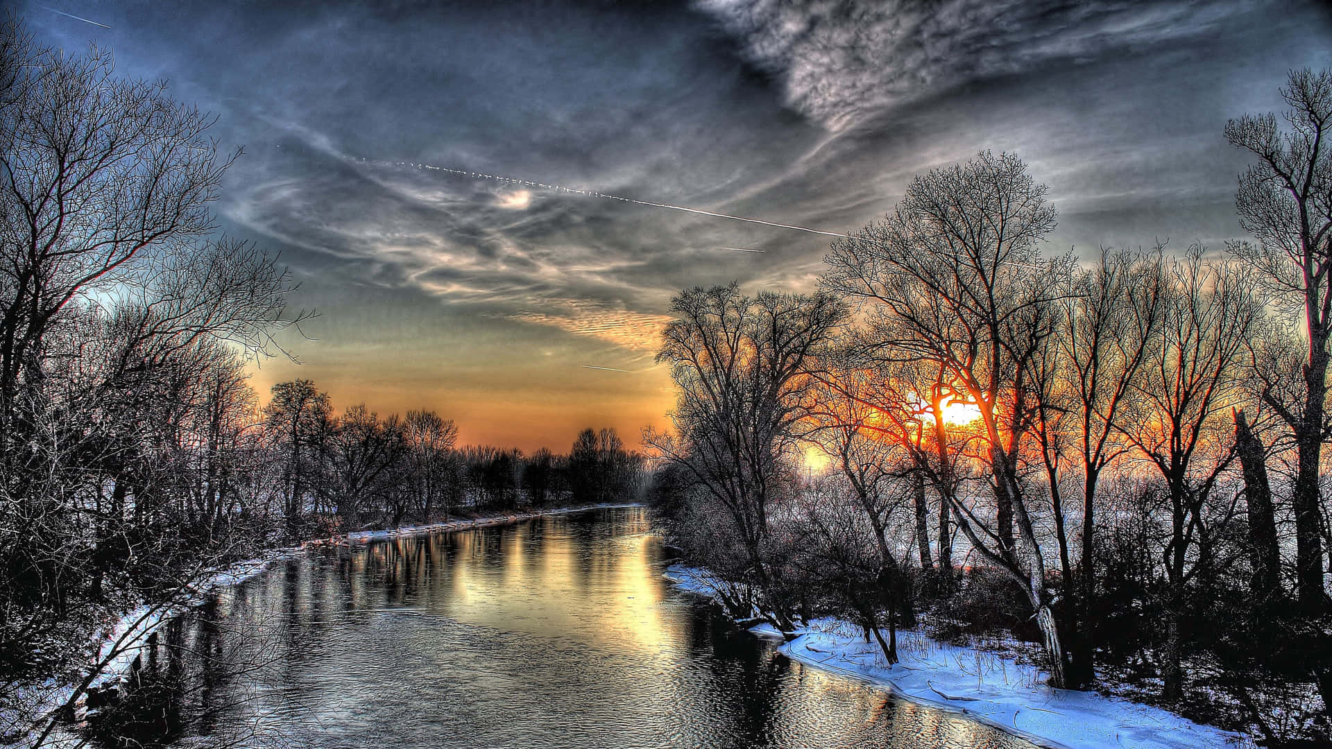 Winter Sunset River Glow4 K Background