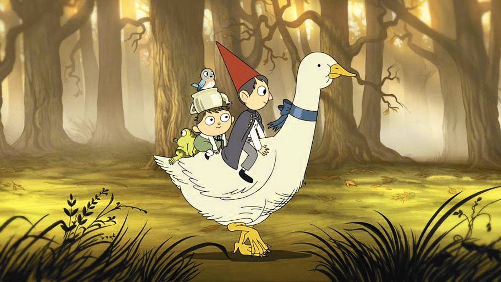 Wirt And Greg Riding Goose Over The Garden Wall Background