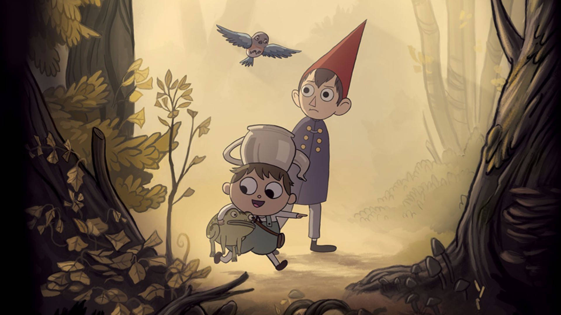 Wirt And Greg With A Friendly Bird In Over The Garden Wall Background