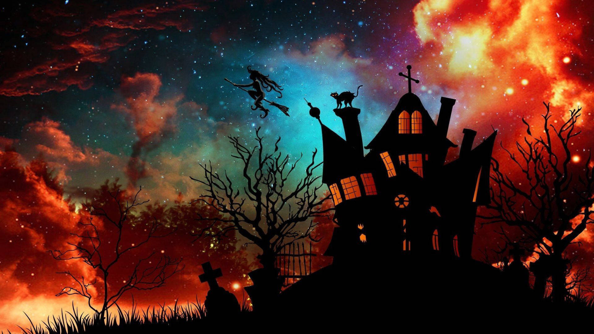 Witch And Cemetery Silhouette Halloween Computer Background