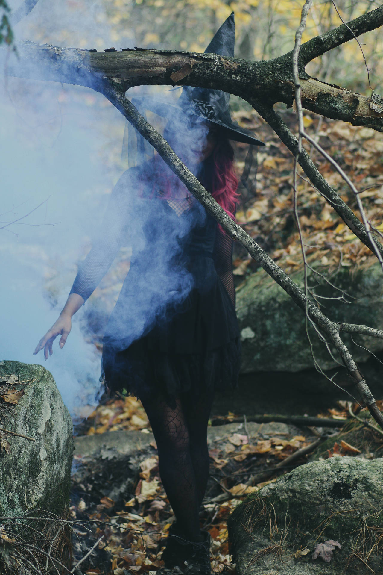 Witch In Forest With Smoke Background