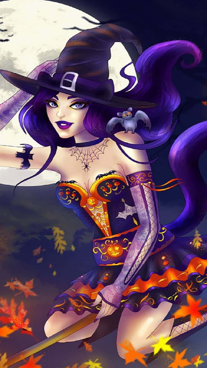 Witch Riding Broomstick Cute Witchy Background
