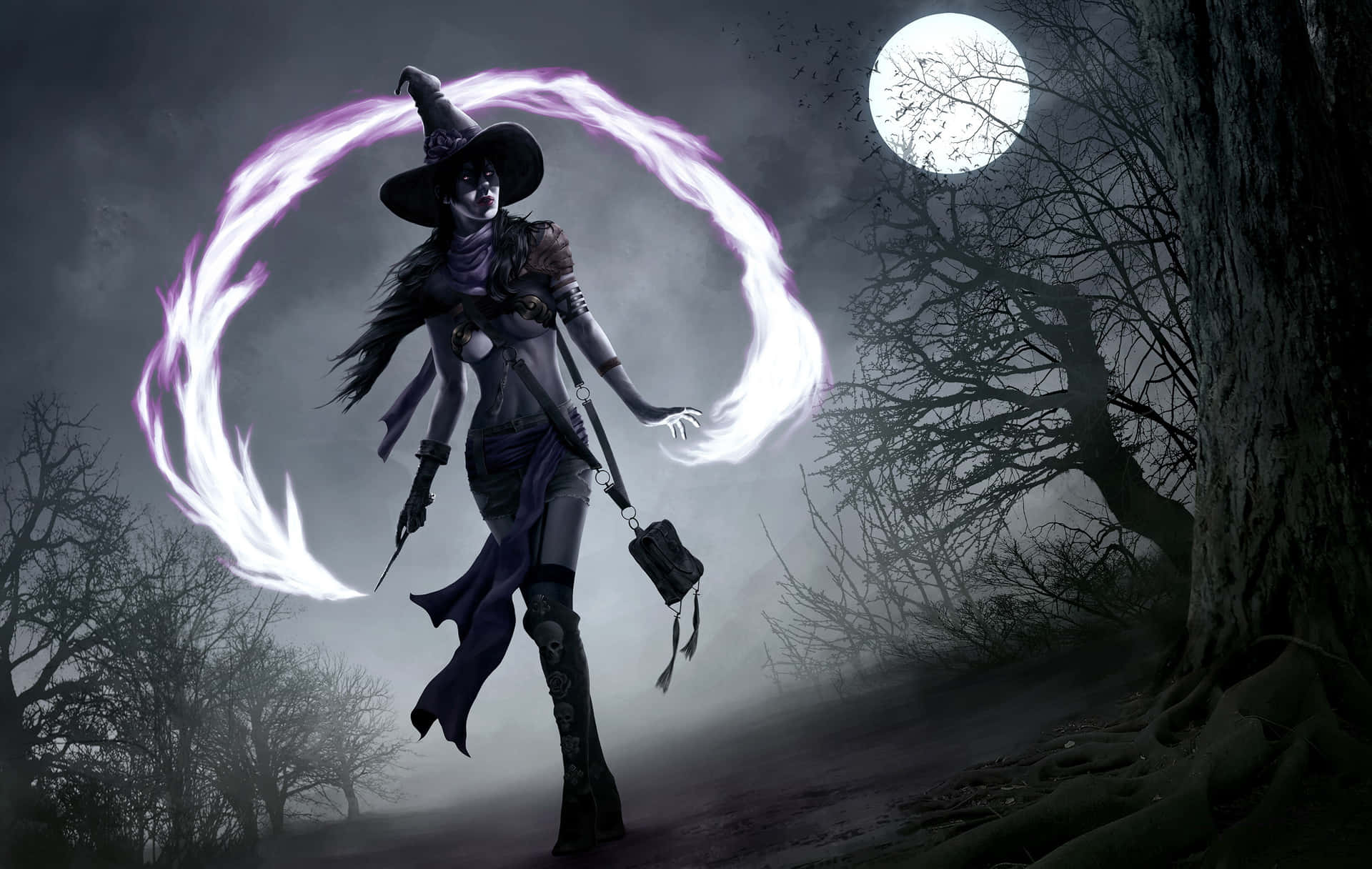 Witch With A Wand In The Forest Background