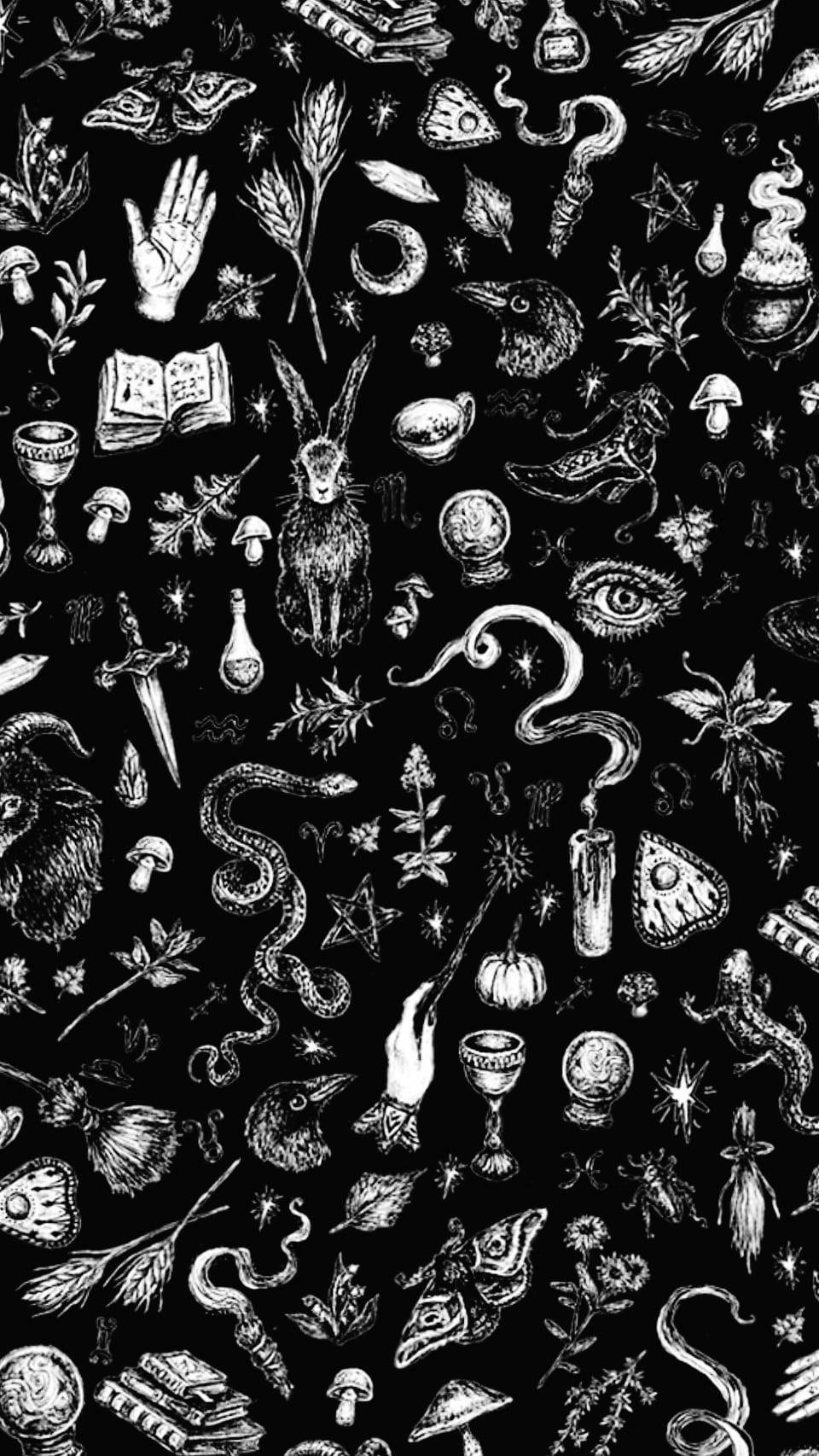 Witchcraft Seamless Black Pattern Line Art Background