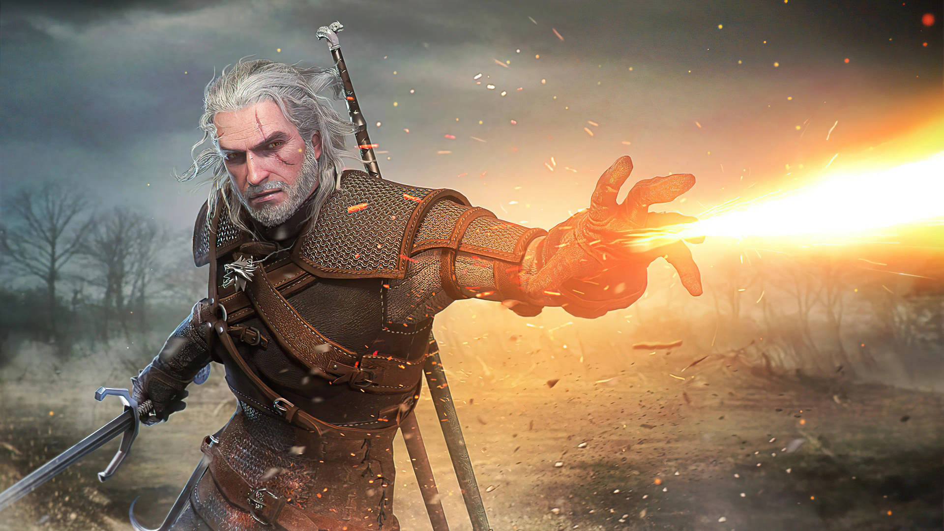 Witcher 3 4k Geralt Fire Magic Background