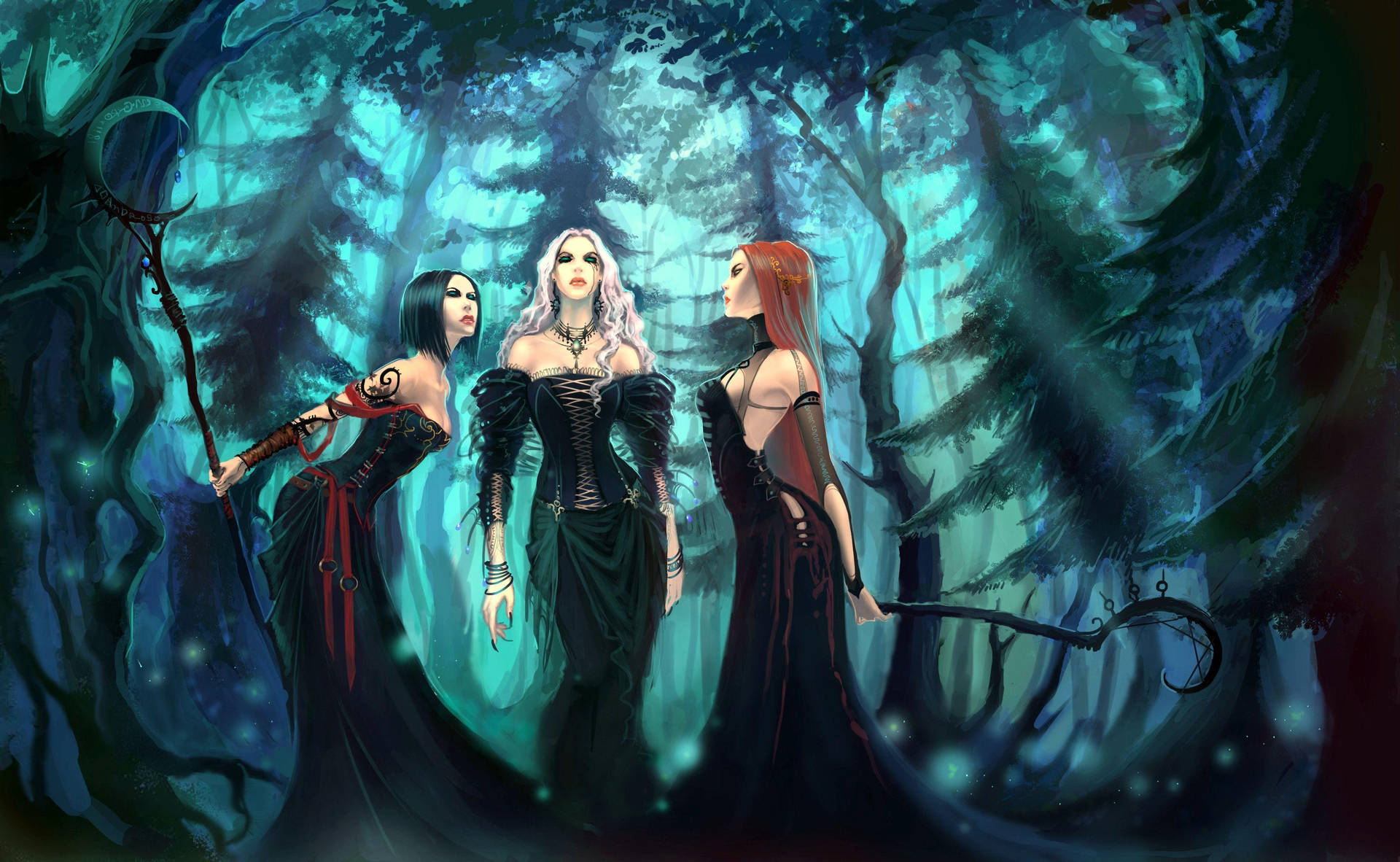 Witches In Magical Forest Background