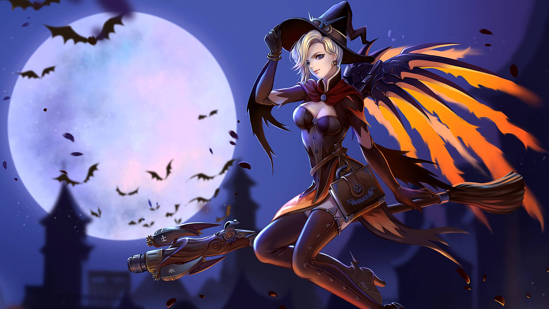 Witchy Anime Girl On Broomstick Background