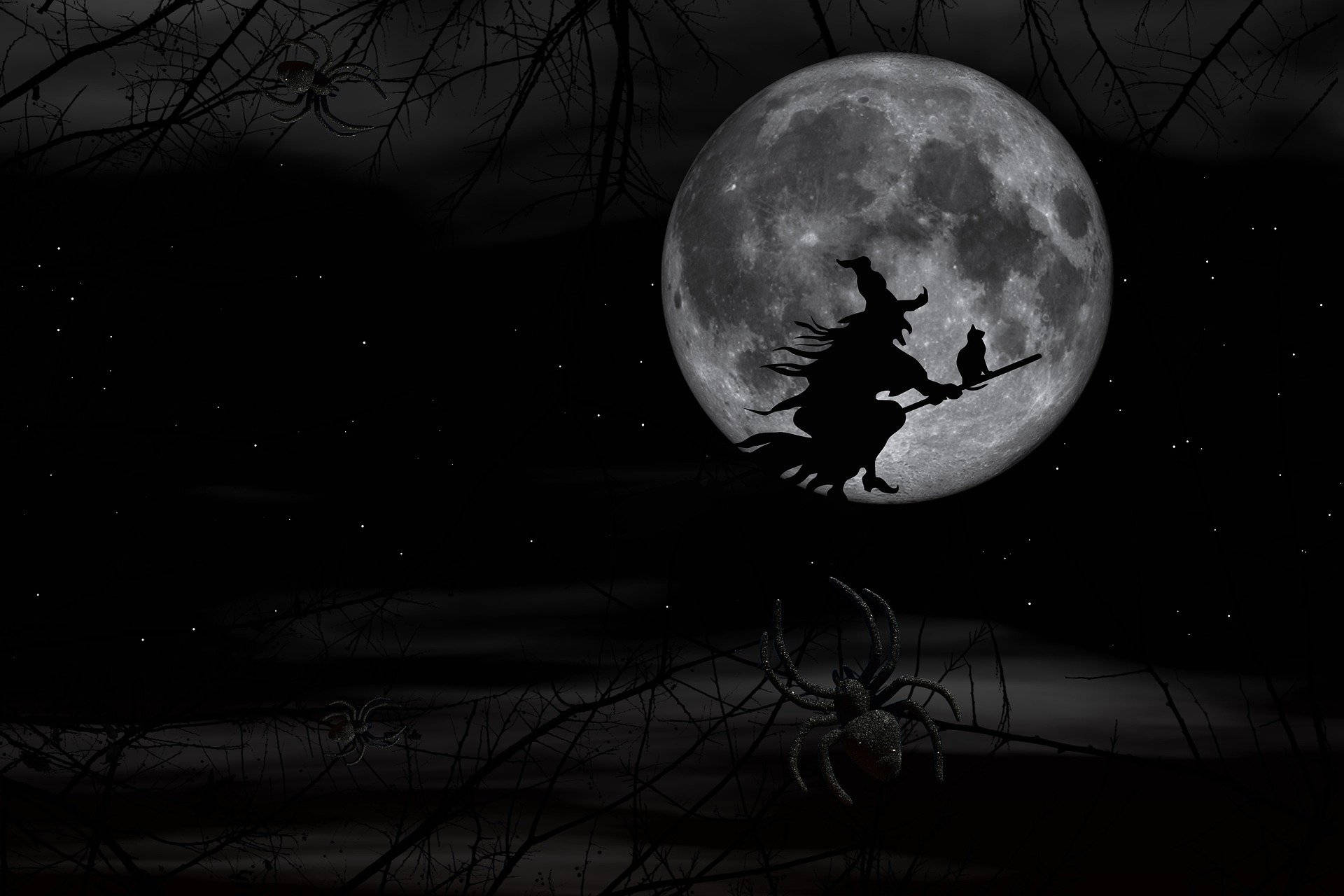 Witchy Silhouette On Full Moon Background