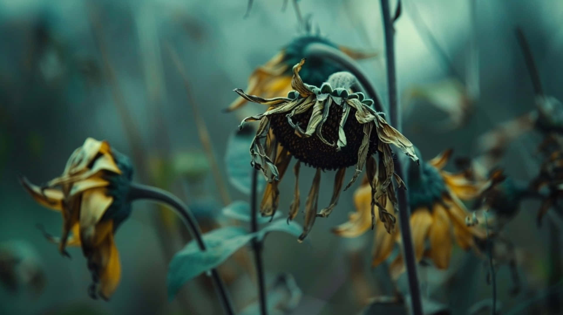 Withered Sunflowersin Blue Hues Background