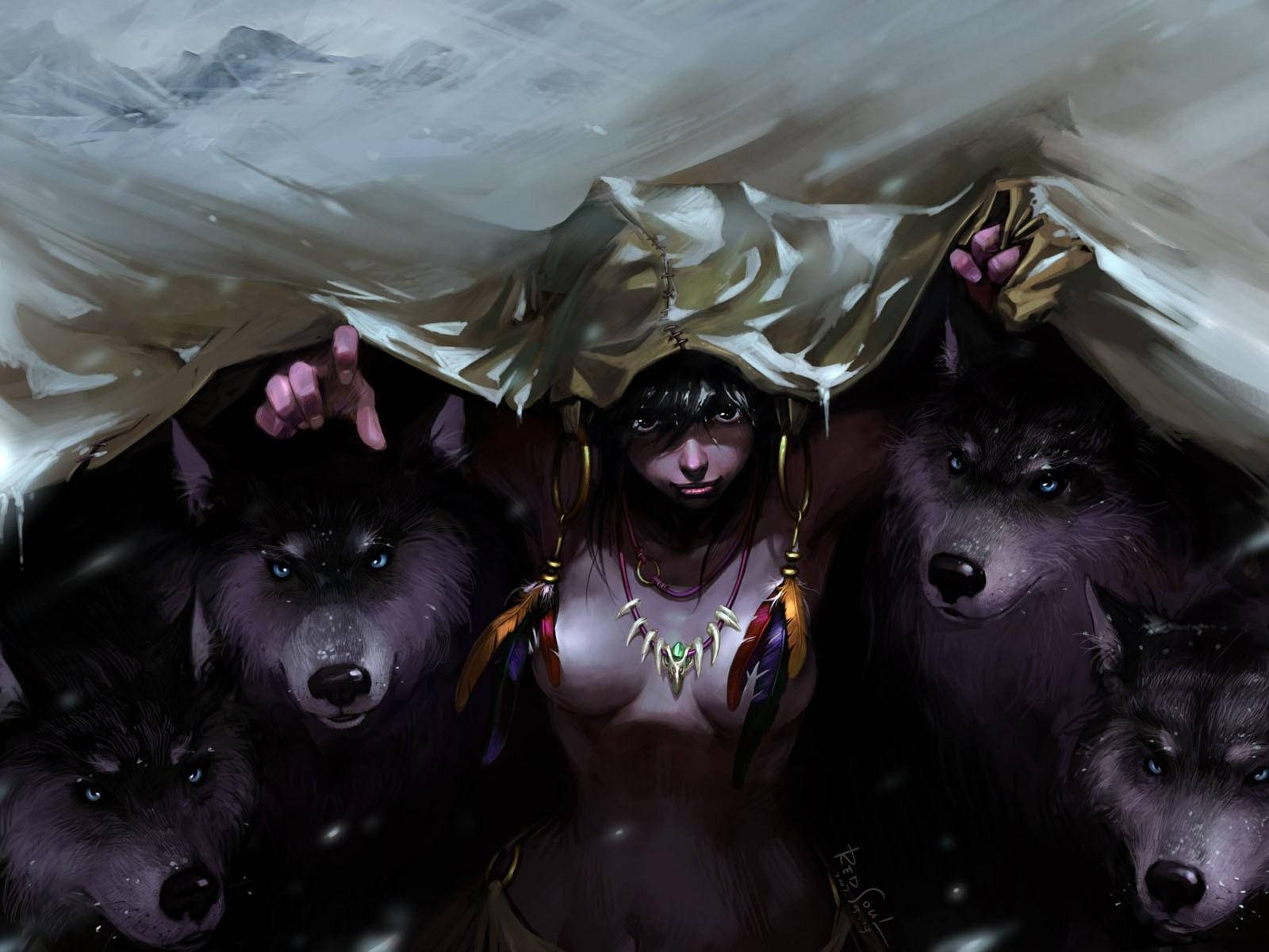 Wolf Girl And Four Wolves Background