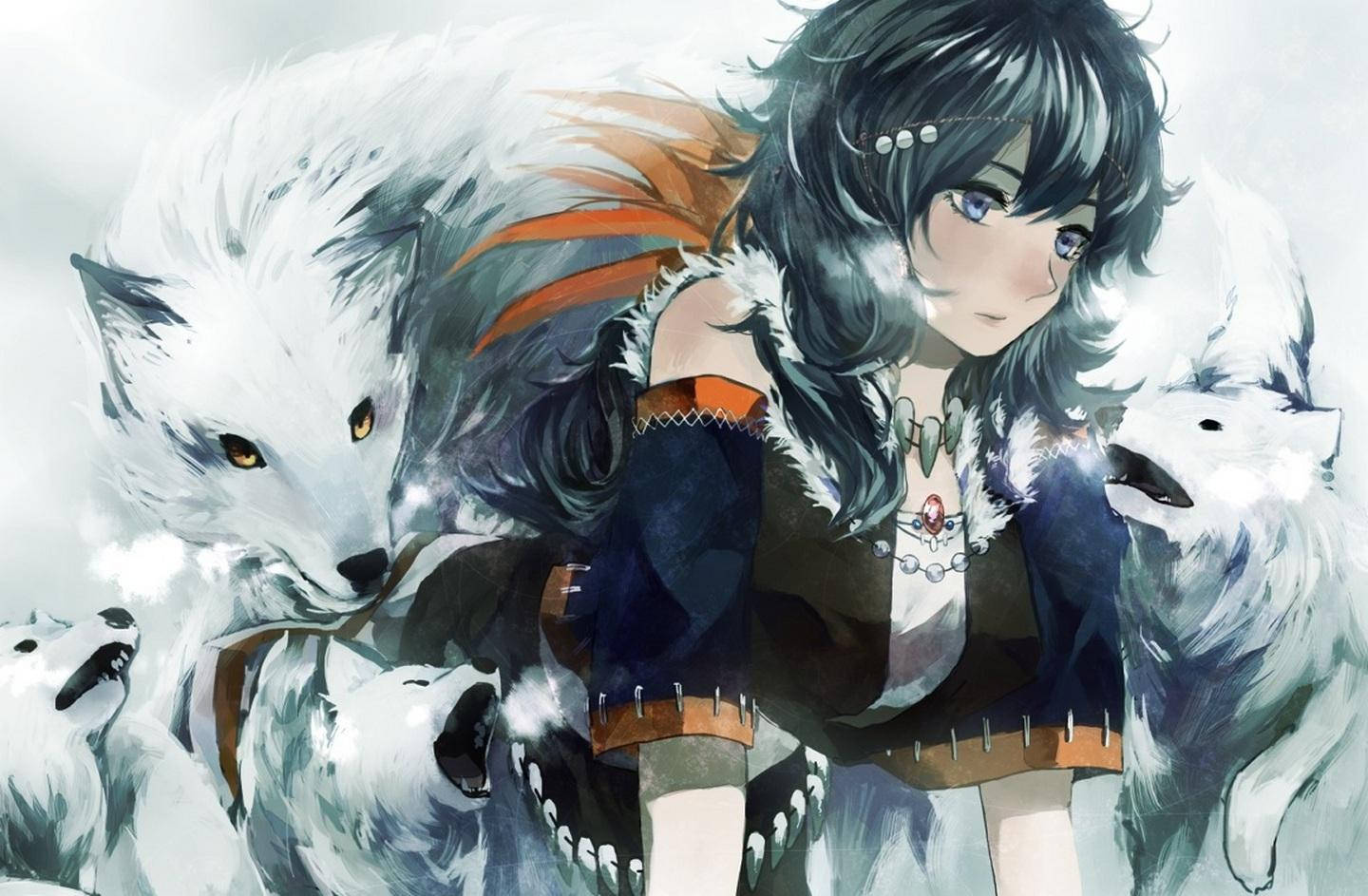 Wolf Girl Anime And White Wolves Background
