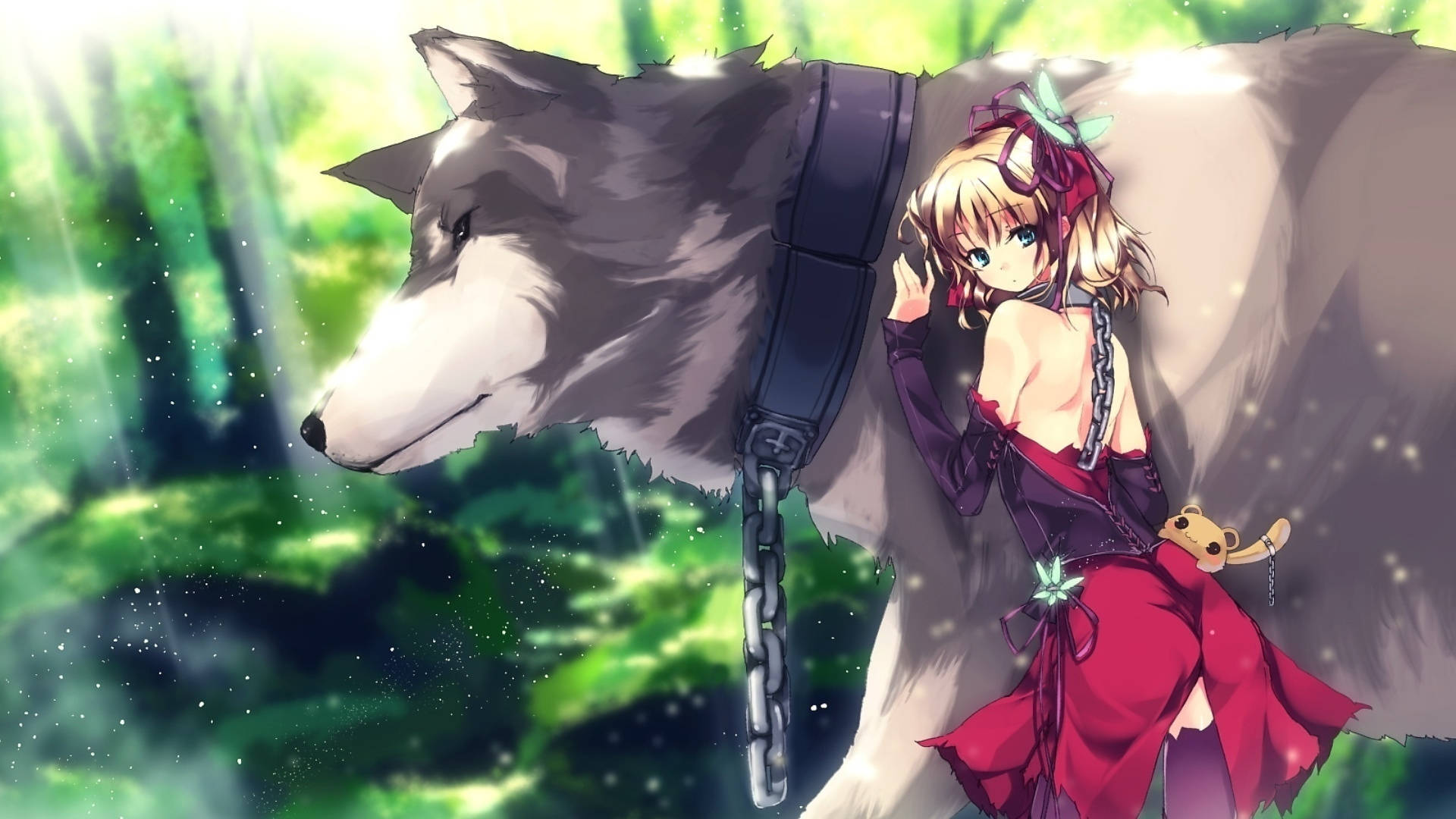 Wolf Girl Anime In Red Dress Background