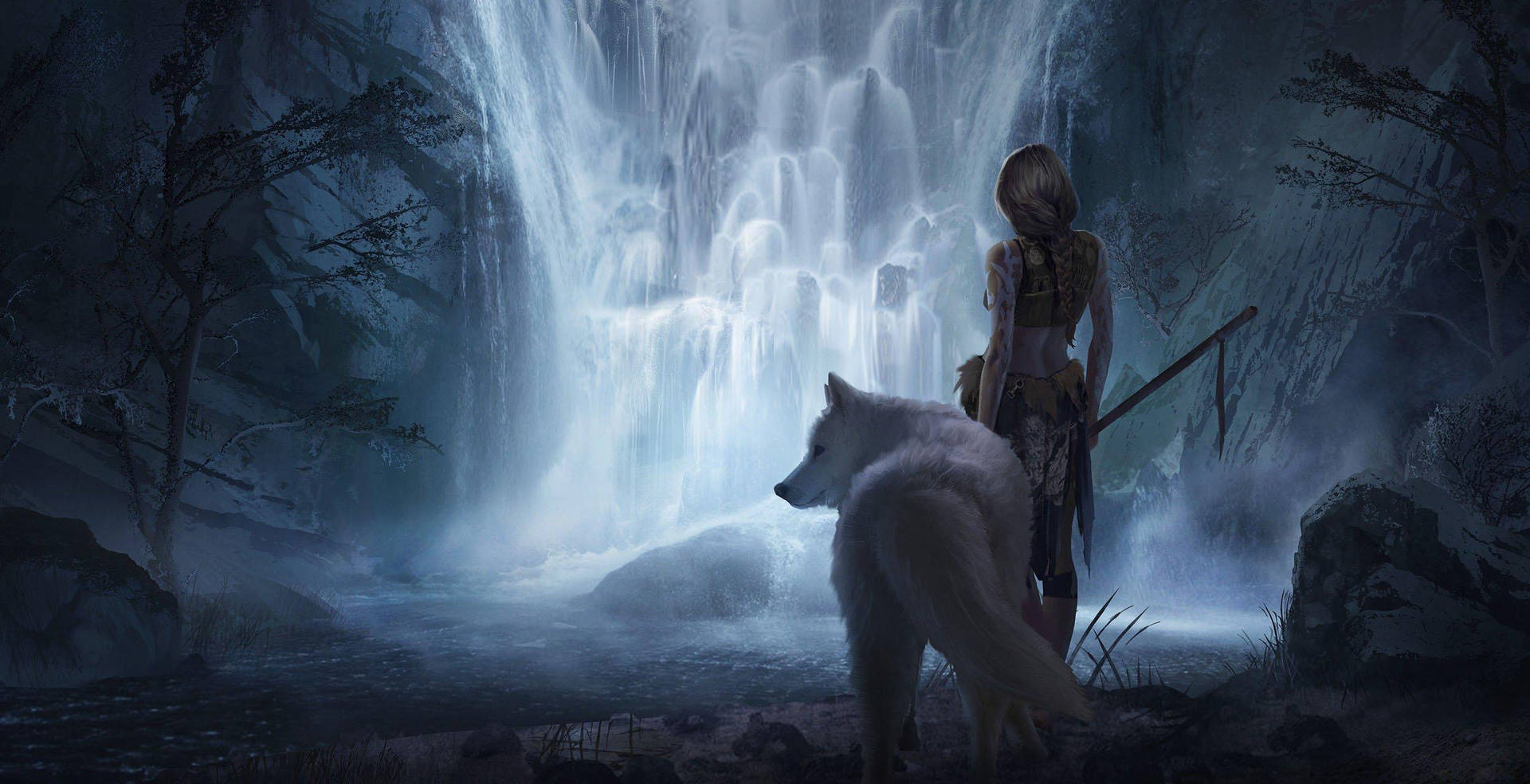 Wolf Girl In Waterfall Background