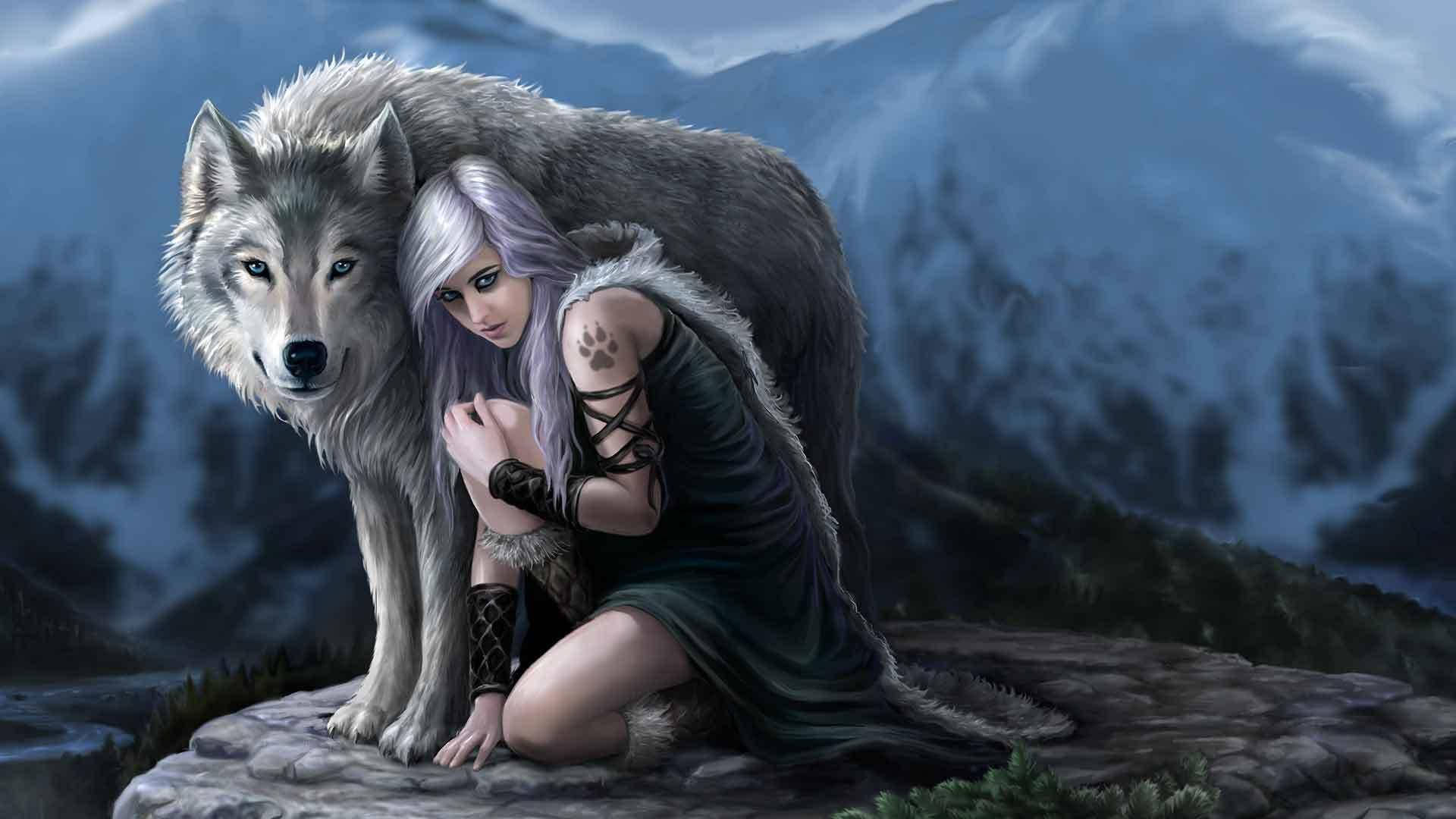 Wolf Girl On The Mountain Background