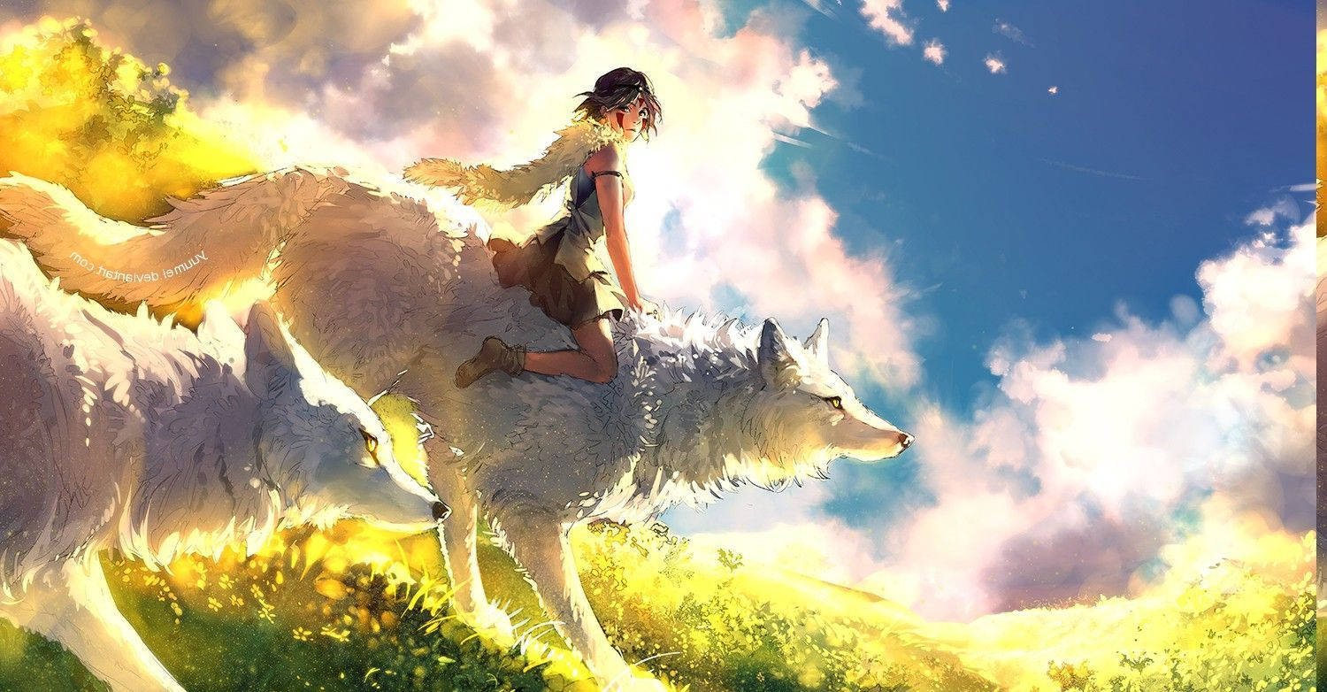 Wolf Girl On White Wolf Painting Background